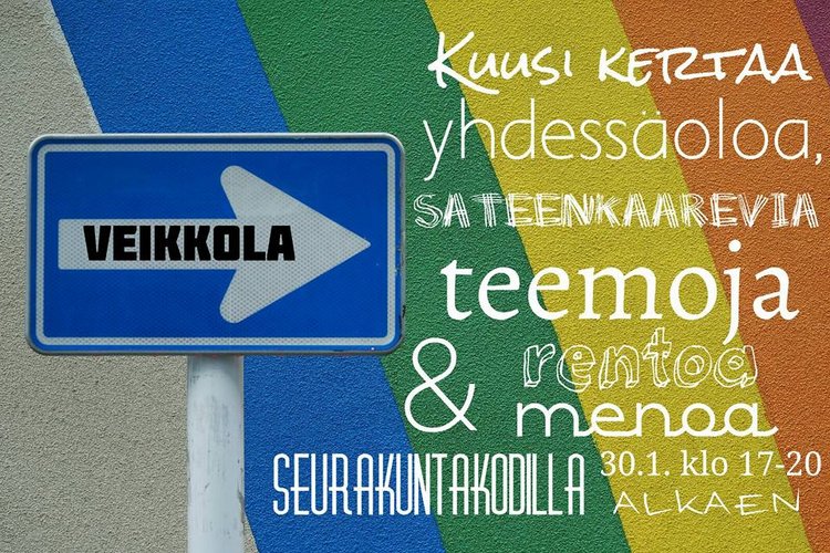 Kuva kyltistä sateenkaarevalla taustalla. Kyltissä lukee Veikkola ja kyltin vieressä kuvausta illoista.