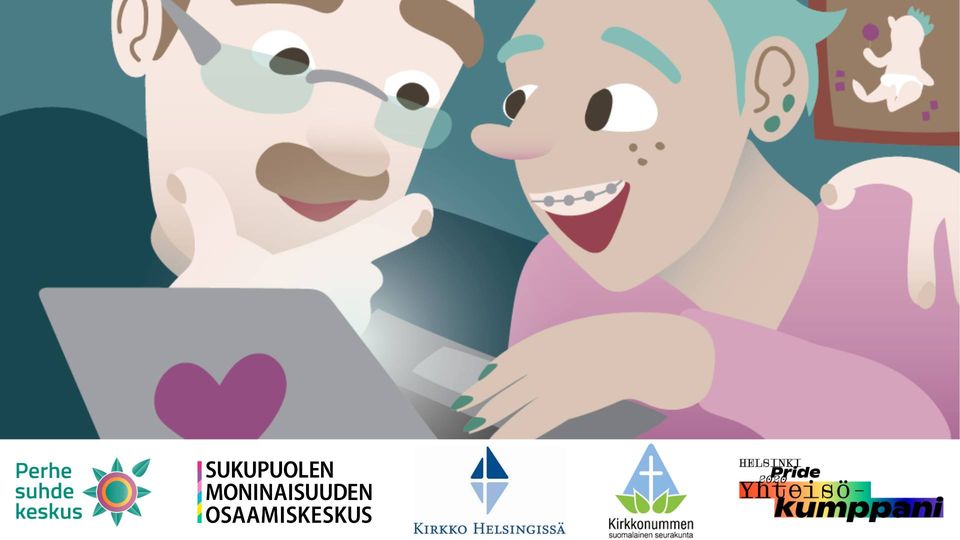Mikä ihmeen sateenkaari? Kaksi iloista piirrettyä ihmishahmoa läppärin äärellä, läppärin kannessa sydän.