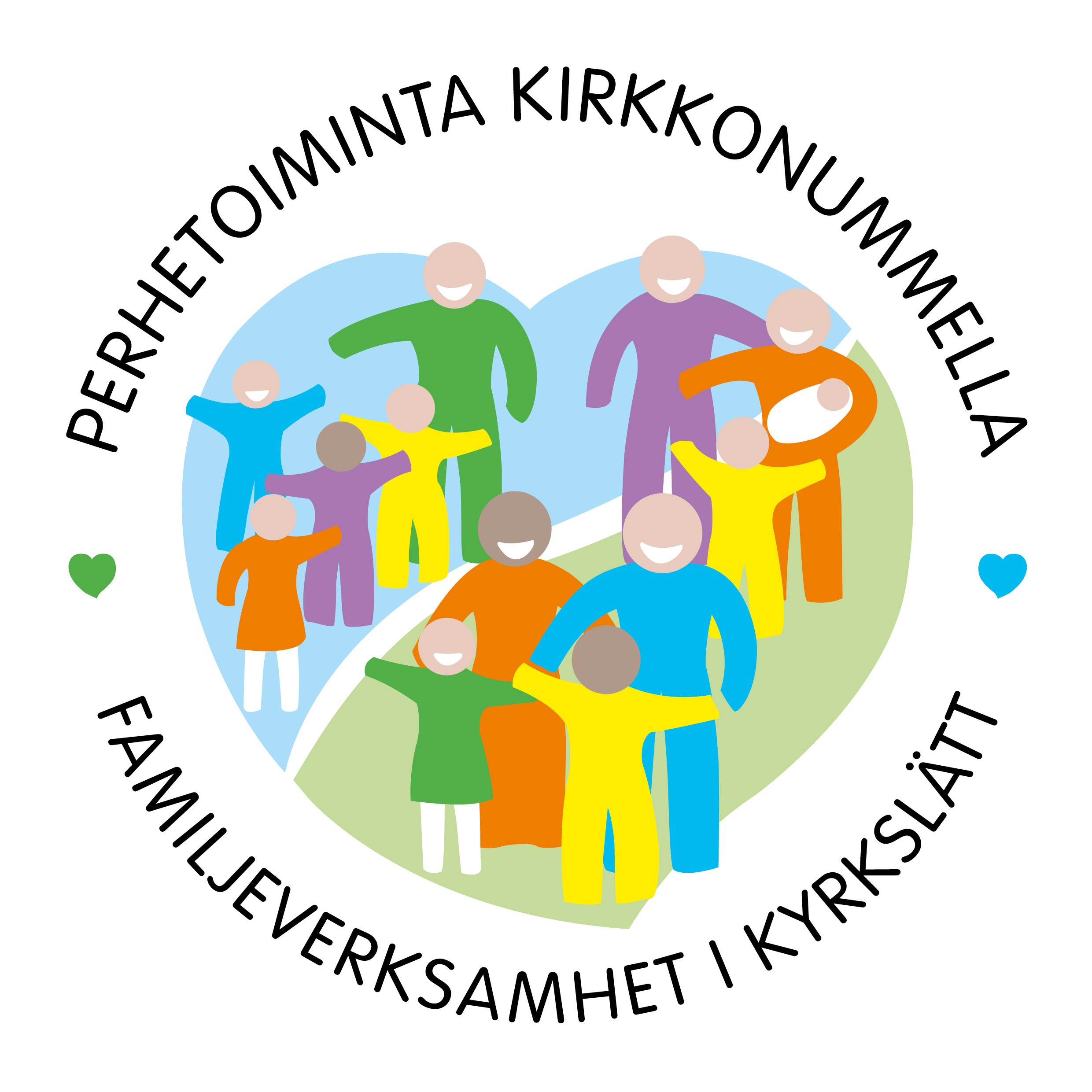 Kuvassa on valkoisella pohjalla eri-ikäisiä lapsia ja aikuisia värikkäissä vaatteissa sydämenmuotoisessa kehyksessä