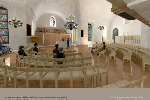 Luonnoksessa kirkon ristikeskukseen ehdotetaan uusi ympyränmuotoinen tammipuinen lattia.  Kuva: Arkkitehtit...