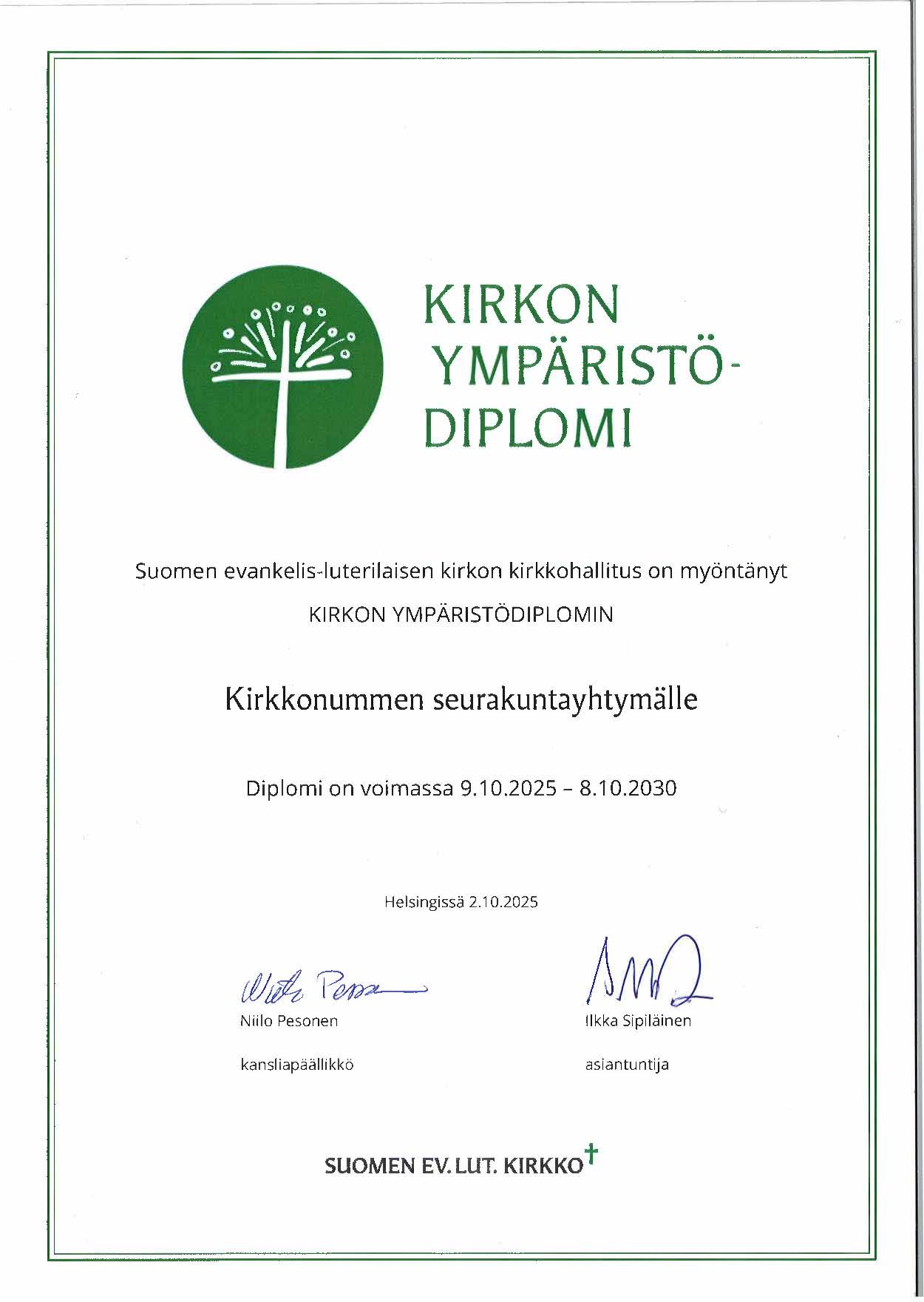 Kirkon ympäristödiplomi.