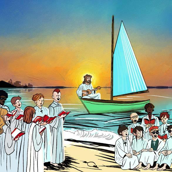 Riparilaisia alboissa rannalla laulamassa Nuorten veisuja, Jeesus veneessä soittaa ukulelea.